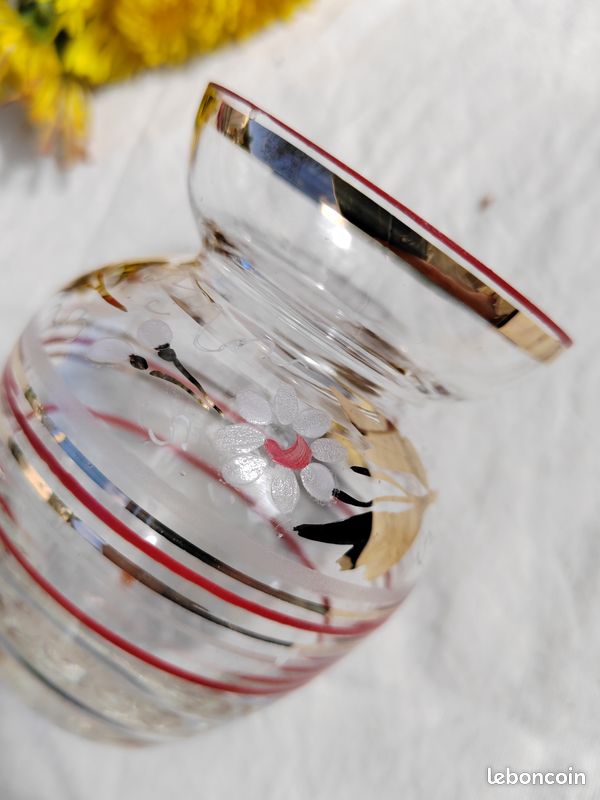 Mini vase en verre décor floral peint à la main - Années 50/60 - Vintage authentique (image 3)