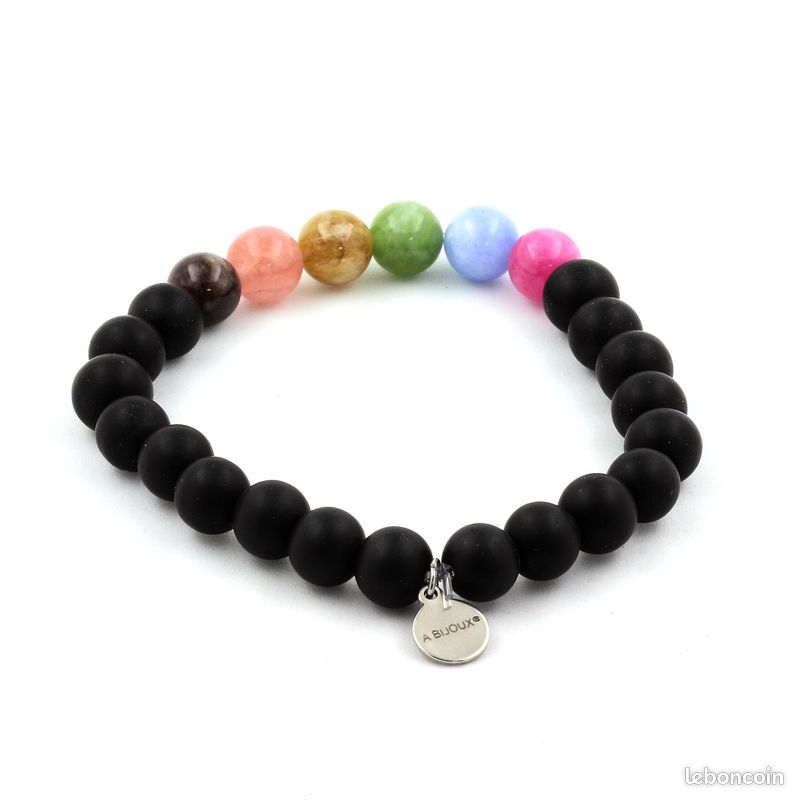 Bracelet Perles Tourmaline multicolore + Onyx noir mat 8 mm. Fabriqué en France (image 1)