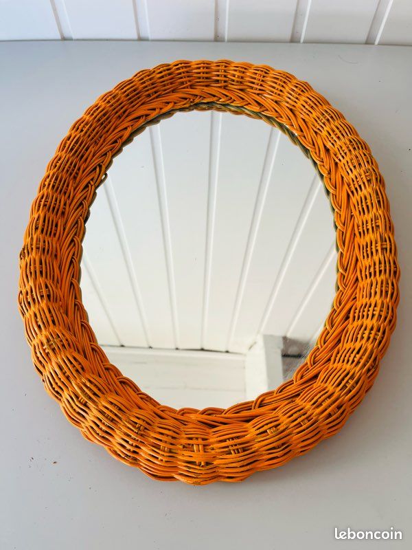 Miroir Ovale en Osier Tressé Orange Vintage Années 70 (image 4)