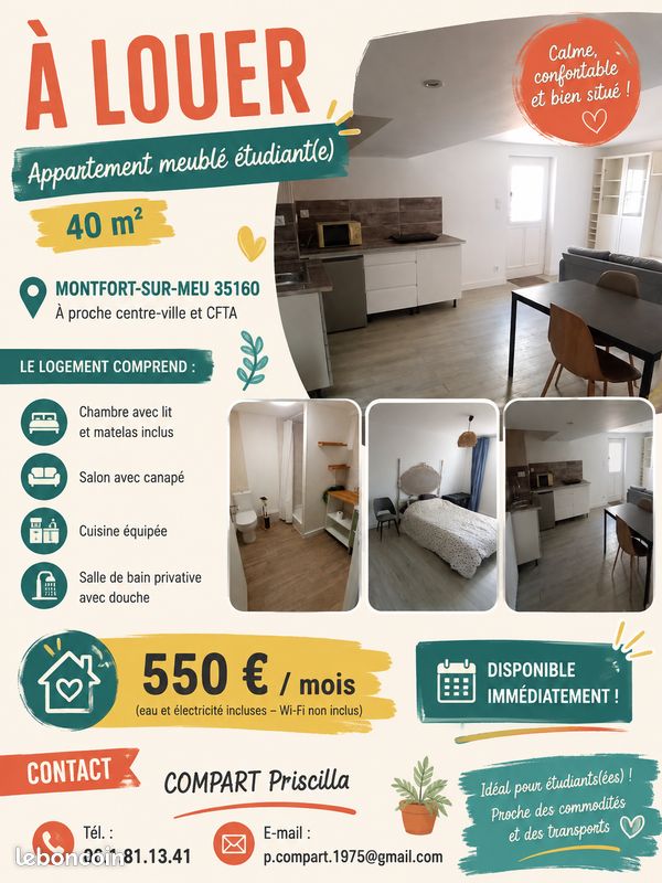 Appartement 3 pièces 35 m² · à Montfort-sur-Meu · 35 m² · 550 €