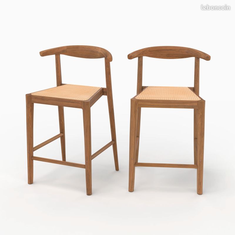 Lot de 2 chaises pour îlot central 64 cm en teck vernis et cannage NEUVE (image 1)
