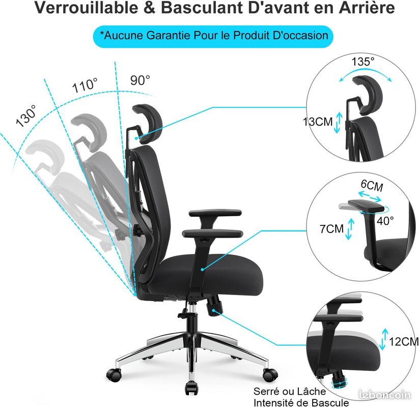 Ticova Chaise de bureau ergonomique - Chaise de bureau à dossier haut avec support lombaire réglable, appuie-tête et accoudoirs 3D - Chaise de bureau pour ordinateur en maille inclinable à 130