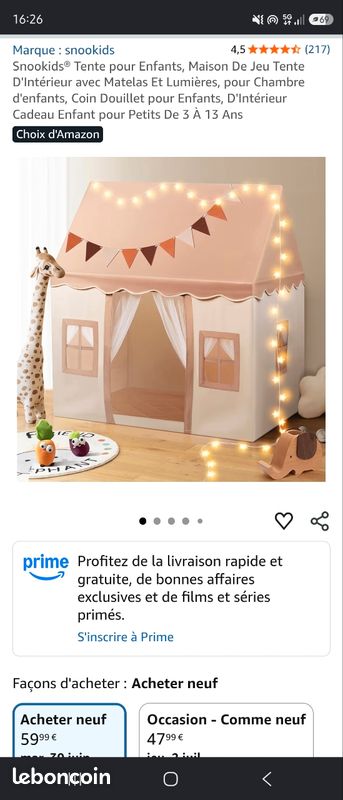 Snookids Tente Pour Enfant, Maison De Jeu, Tente De Jeu Avec Tapis Et Lumières, Coin Douillet, Cadeau De Noël D'Anniversaire Pour Tout-Petits De 3 Ans