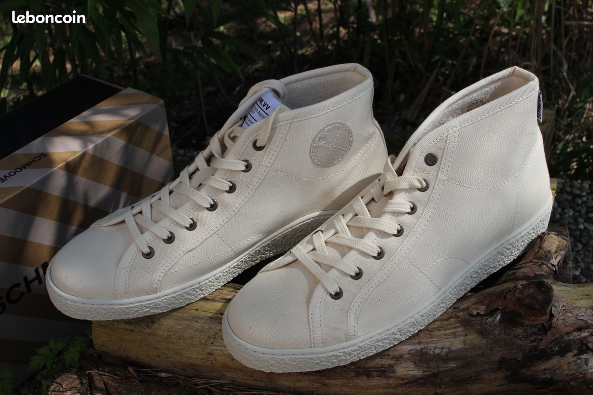 Baskets Schmooove Montantes En Cuir Blanc Et Beige, Taille 44 - Confortables, Antidérapantes, Style Sportif Rétro