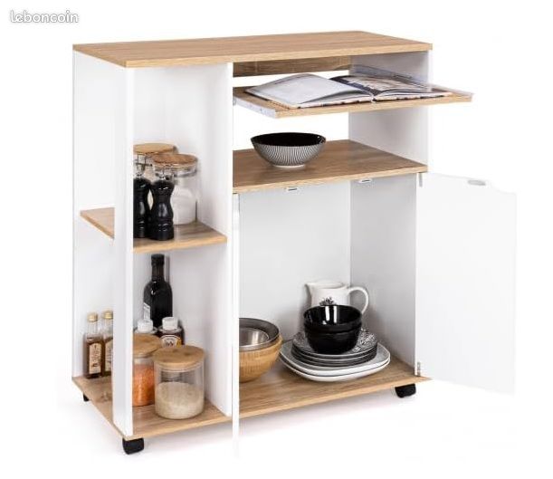 Desserte de Cuisine Mobile â Plan de Travail & Tablette Coulissante â Blanc et Bois façon HĂȘtre â L. 76 cm â Nombreux Rangements (image 3)