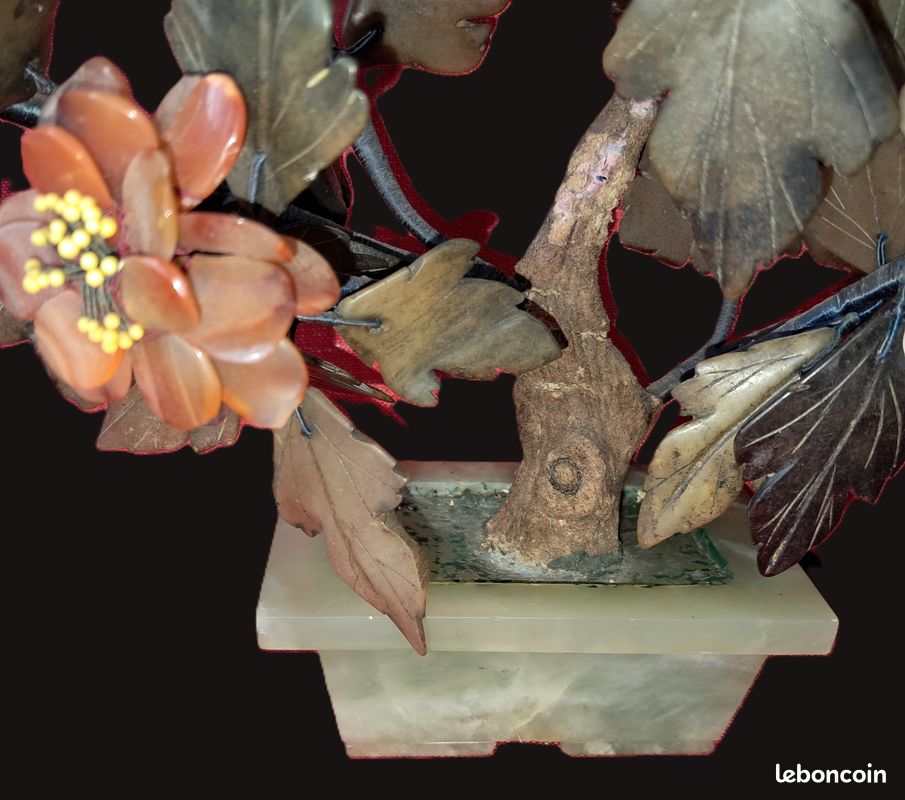 Exceptionnel ancien grand arbre en fleurs 29 cm en pierre dures cache pot en jade artisanat chinois en parfait état (image 4)