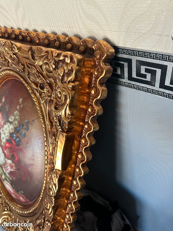 Très grand cadre ancien vintage rococo baroque résine peinture huile fleur Bohême Champêtre (image 2)