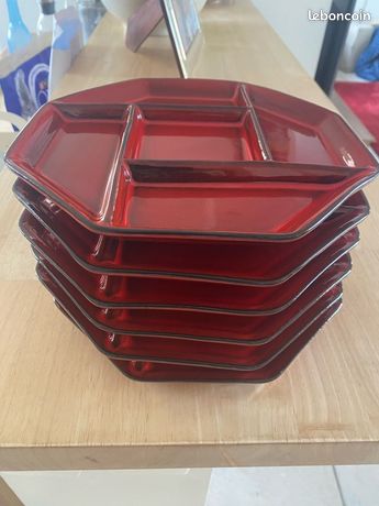 NOMAR/ STAUB fondue en fonte vintage décor Village/6 Assiettes