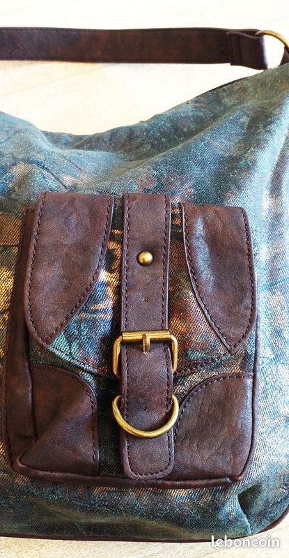 Sac NEUF en Jean bleu motif Doré & Simili Cuir Marron (image 13)