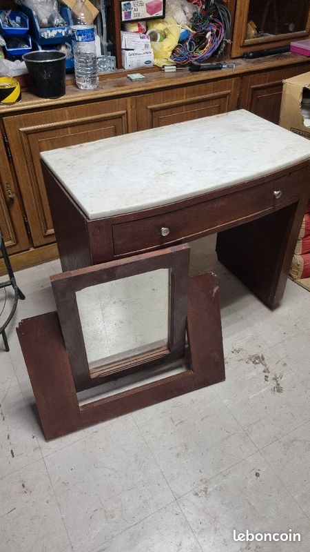 Coiffeuse bois+ plateau marbre. L: 80cm, l:41cm, H:72cm. Hauteur coiffeuse avec miroir 130cm (image 2)