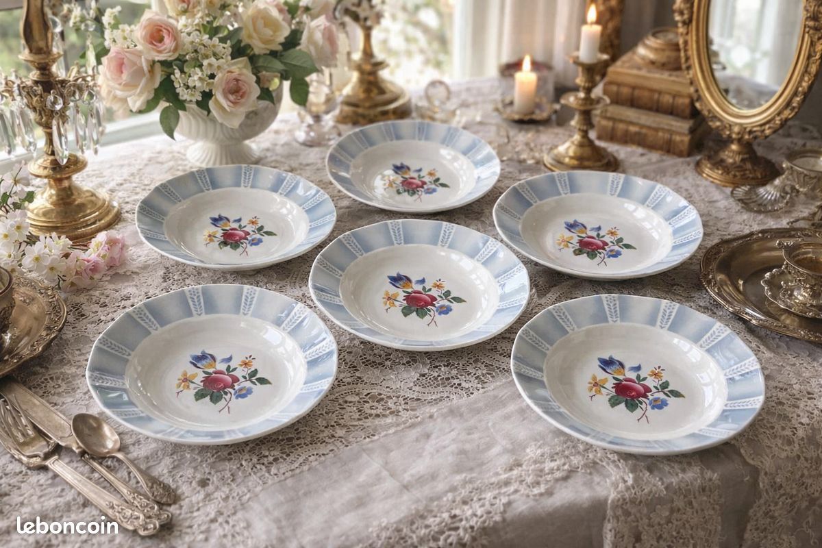 6 assiettes creuses anciennes en faïence de Sarreguemines (image 1)