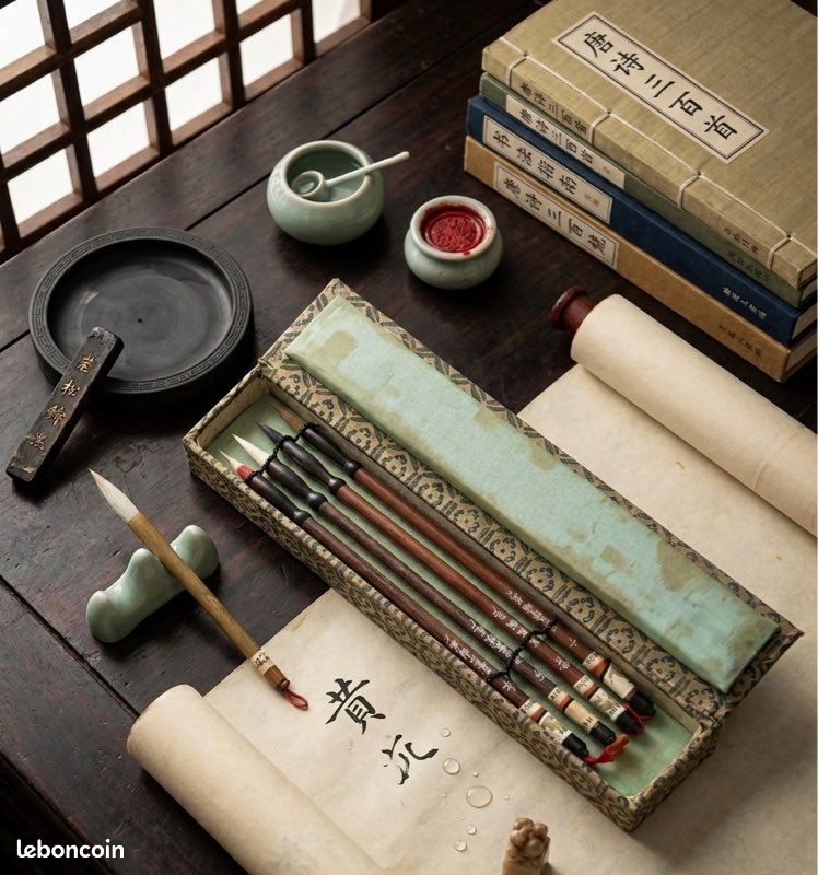 Ancien Coffret 4 Pinceaux Calligraphie Chinoise HUZHOU Shanlian PHENIX (image 1)