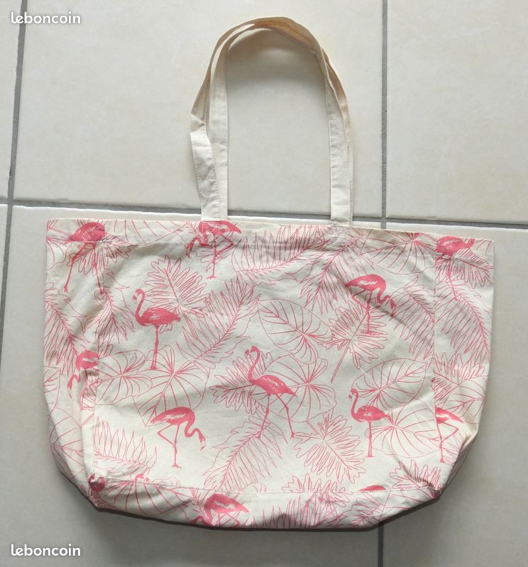 Grand Fourre-tout De Voyage Flamant Rose - Motif Tropical Hawaïen - Toile Beige