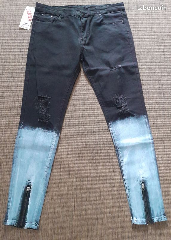 Jean slim noir destroy dégradé bleu-gris – Zip chevilles – Tour de taille 96 cm (image 1)