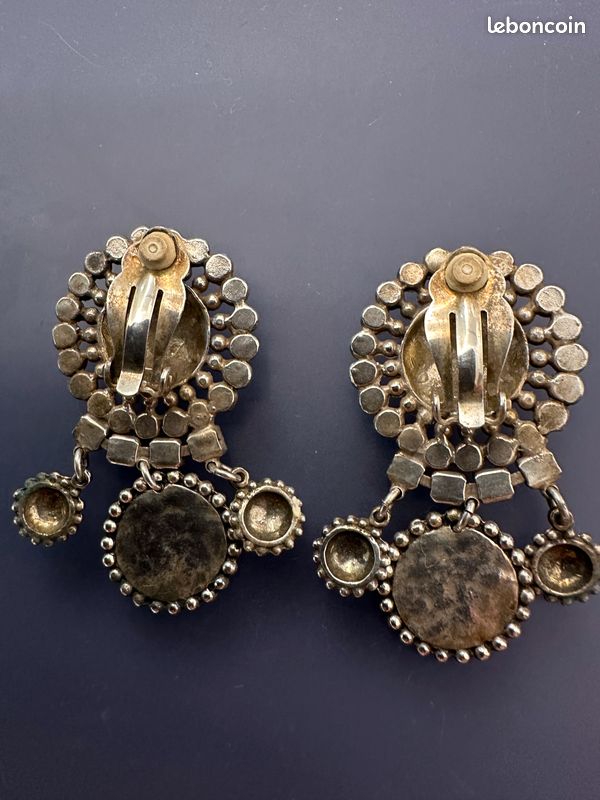 Vintage boucles d’oreilles en clip de couleur argent avec decoration diamante (image 7)