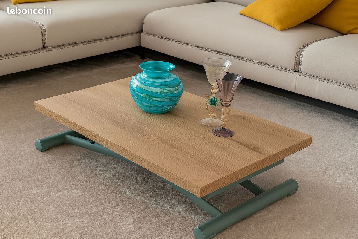 Table basse haut de gamme pied en métal vert relevable plateau portefeuille bois extensible (image 2)