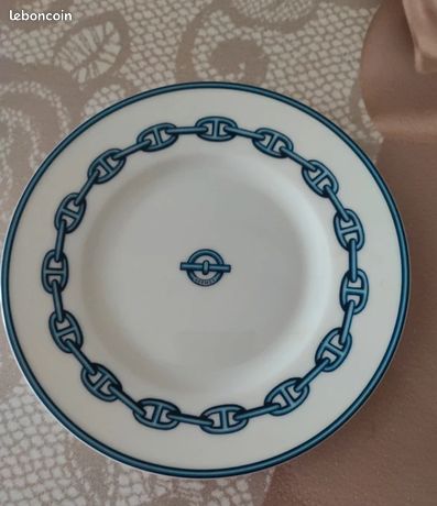 Lot De 2 Assiettes à Dessert HERMÈS Motif Chaine D'Ancre Bleu - Porcelaine, 9 Pouces, Neuf Avec Boîte