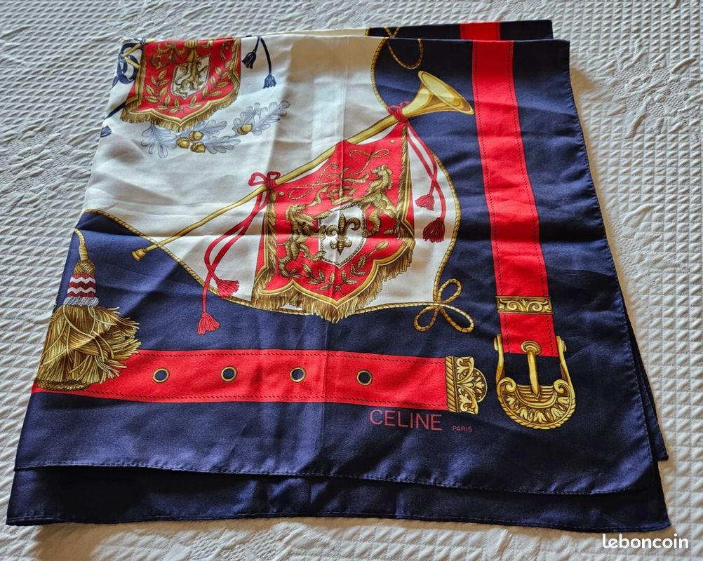 Foulard Carré WFIC 100% Soie Vintage - Bleu Foncé Et Rouge, 35cm