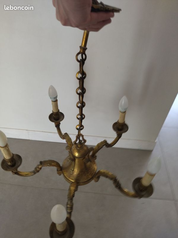 Grand lustre ancien en laiton massif – Style Louis XV – 5 branches (image 3)