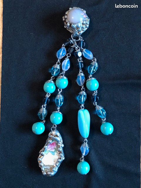Magnifiques boucles d'oreilles en perles de verre turquoise, vintage, années 90 (image 2)