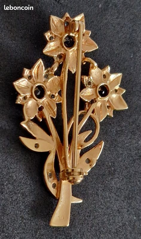 Broche Fleur Vintage Plaquée Or Avec Brillants - Bijou Ancien D'Occasion