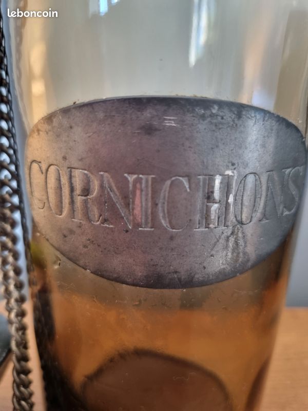 Ancien pot / bocal à cornichons vintage en verre fumé et métal (image 9)