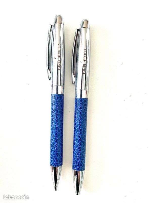 Stylo Porte-Mine Daniel Hechter - Métal & Cuir Chrome Bleu Avec Son Écrin - Occasion Excellent État