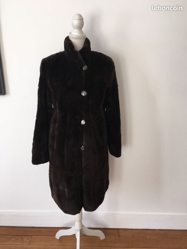 Veste Manteau Vintage Années 1930 - Laine Noire, Col Fourrure Vison, Doublure Satin, Art Déco