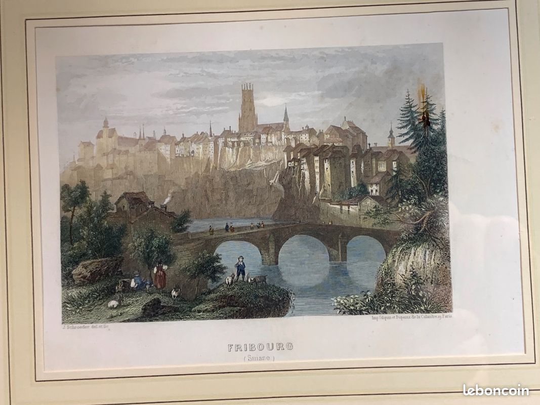 Gravure encadrée, ville de Fribourg en Suisse par J.SCHROEDER, GILQUIN et DUPAIN (image 1)