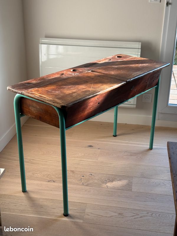 Bureau d’école double / pupitre Sambron– vintage industriel (image 1)
