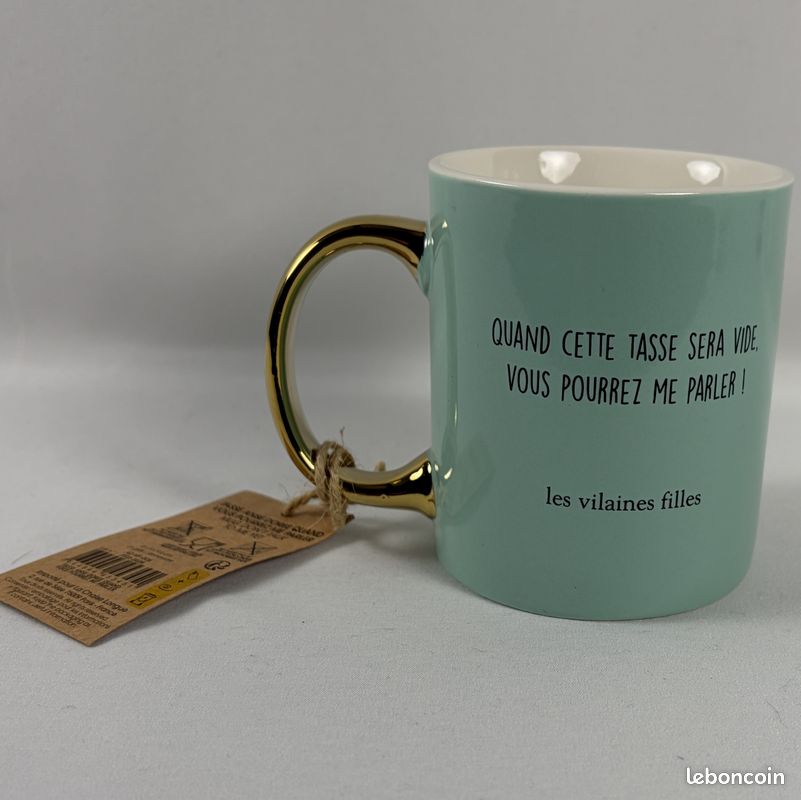 Mug Quand cette tasse sera vide Vous pourrez me parler Bleu turquoise Anse dorée Céramique grès D12 x H9,5 cm NEUF (image 3)
