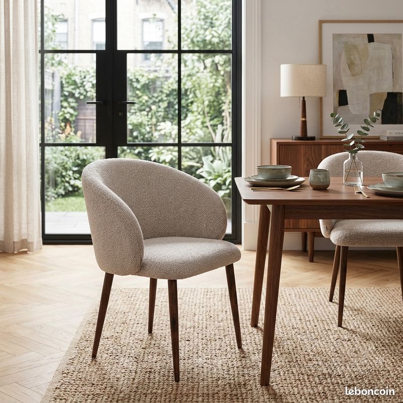 💕 MAGNIFIQUE PROMO💕 Chaise beige tissu chenille pieds en Acier effet Noyer adaptées pour table à manger effet travertin ou autre (image 2)
