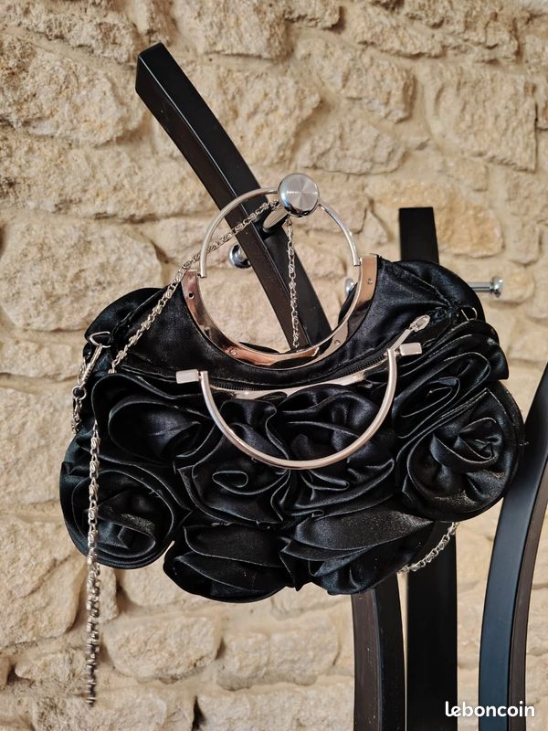 Sac De Soirée Hato Hasi - Satin Noir - 2 Anses - Fermeture Pression - Occasion