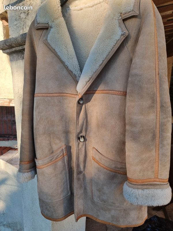 Manteau En Mouton Retourné Avec Col En Renard écru - Taille 42 - Marque Furrex - Occasion Très Bon état