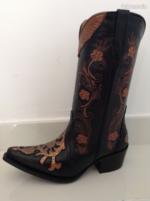 Bottes Santiag Mexicaines En Cuir 100% Faites Main - Pointure 37 (US 6,5) - Noir - Style Western