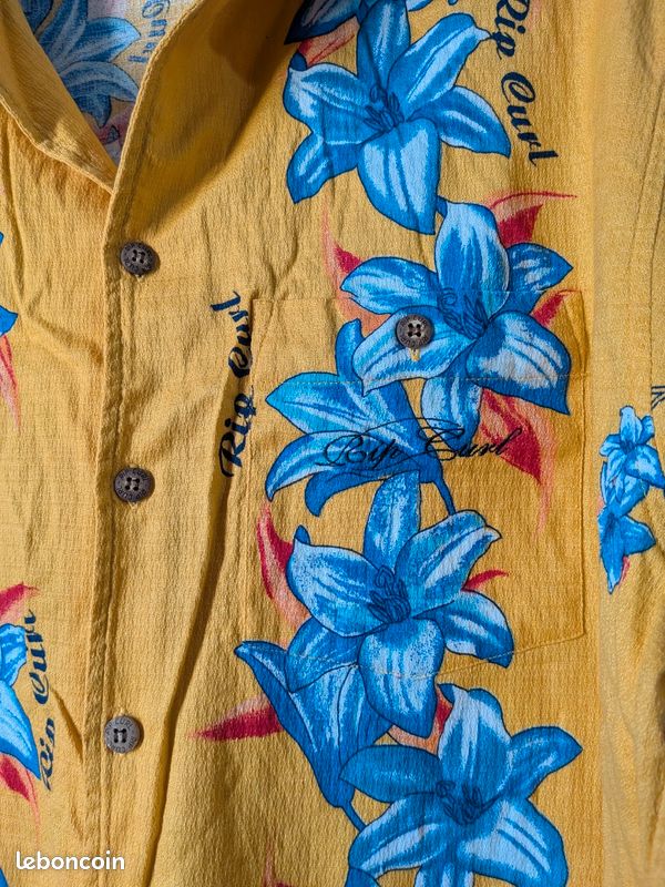 Chemise hawaïenne vintage des années 1980 : coton floral bleu, taille moyenne pour homme - France