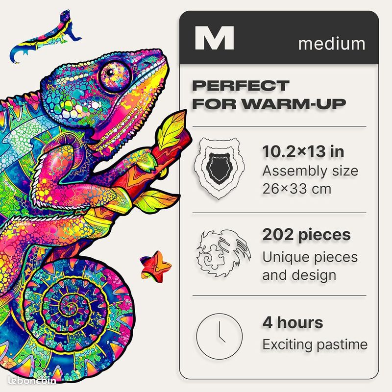 UNIDRAGON Original Puzzle en Bois — Caméléon Iridescent, 202 Teile, Moyenne 10.2 x 13 Pouces (26 x 33 cm) Bel Emballage Cadeau, Forme Unique Meilleur Cadeau pour Adultes et Enfants (image 7)