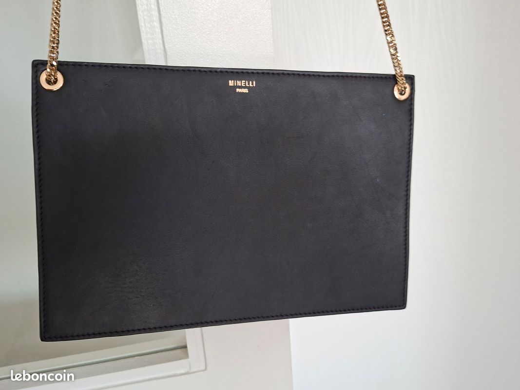 Pochette De Soirée Minelli En Cuir Noir Avec Pompon - Occasion En Très Bon état - Accessoire Chic