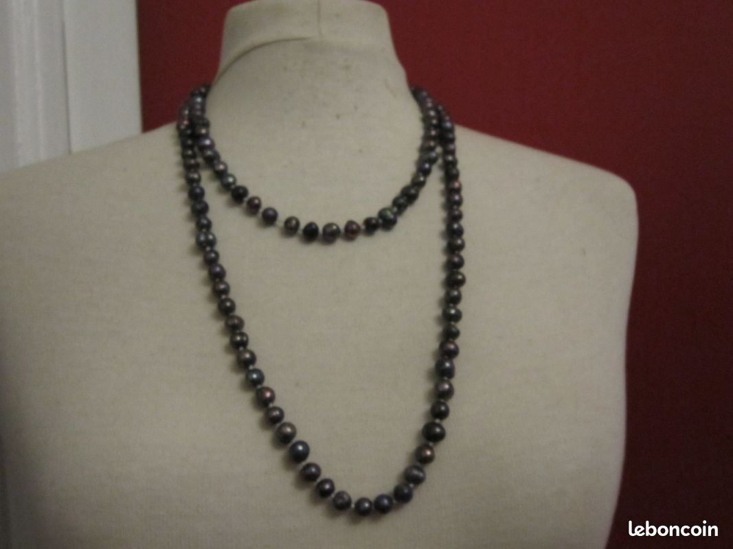 Long sautoir en perles noires véritables (image 8)