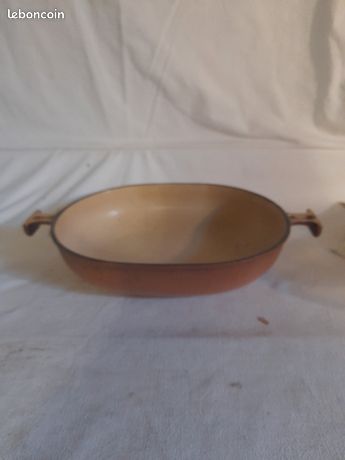 Lot Le Creuset ENZO MARI N°29 : Cocotte Ovale Et Plat En Fonte, Marron, Vintage France