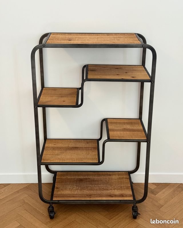 Etagère industriel asymétrique bois métal roulette (image 1)
