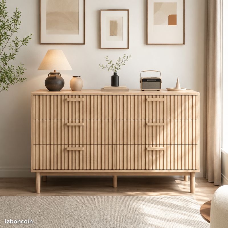 Armoire salon pièce maitresse 6 tiroirs bois rainuré meuble design (image 1)