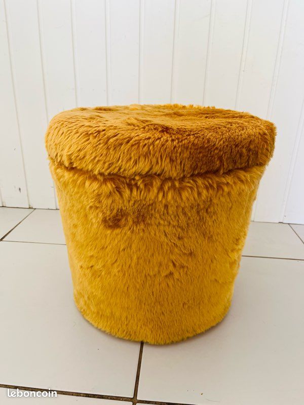 Pouf Fourrure Jaune Pelfran Vintage Années 70 France (image 1)
