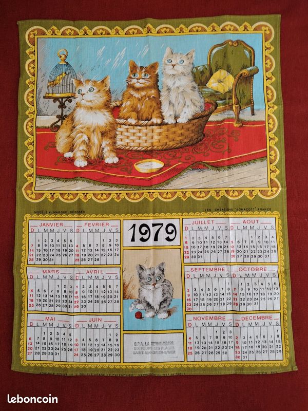 Torchon Vintage Années 70 - Calendrier 1979 - Tissu Multicolore