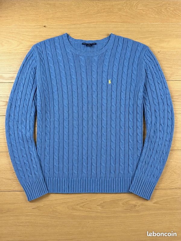 Pull Ralph Lauren Sport bleu maille torsadée logo jaune femme L 0508 (image 1)