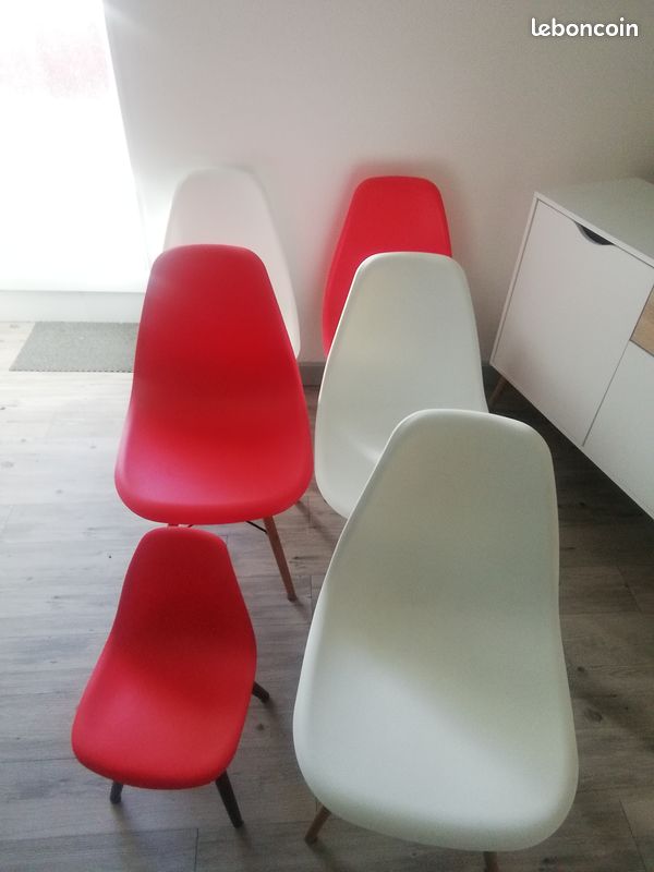 3 chaises scandinaves blanches + 2 rouge + 1 pour enfant rouge (image 2)
