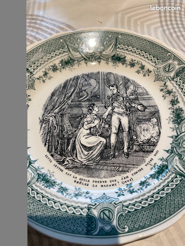 8 Assiettes à Dessert Parlante Napoléon Faïencerie Sarreguemines Oric Print 1830 Decor Vert