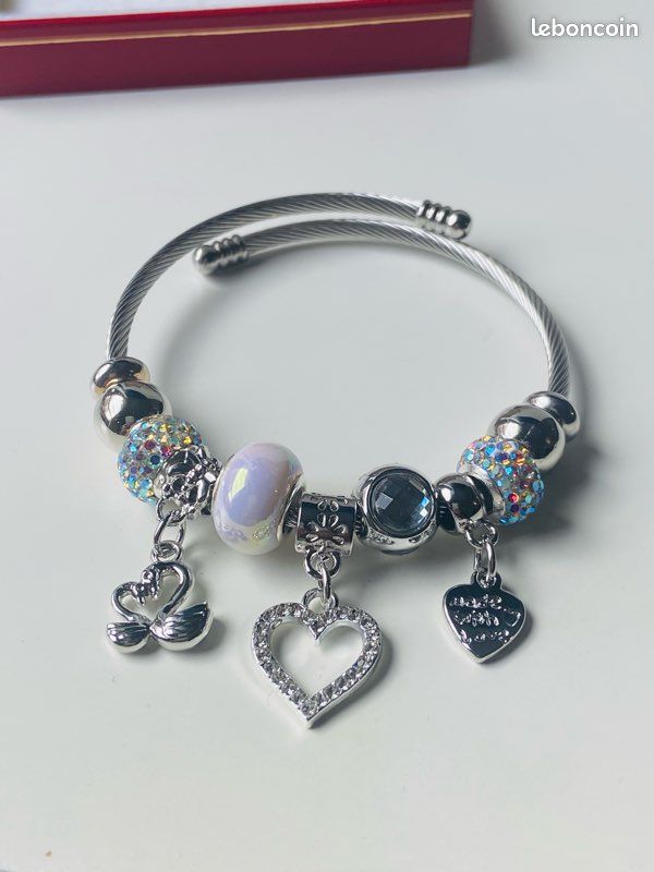Bracelet Jonc Articulé Métal Argenté Avec Hématite - Neuf Sans Emballage, Style Bohème