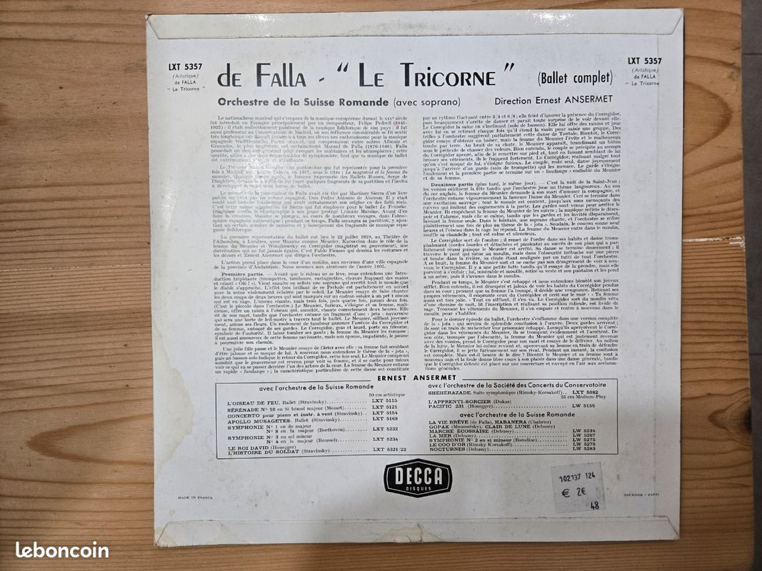 Vinyle Audiophile - Decca ffrr - Falla Le Tricorne / Ansermet (LXT 5357) (image 3)