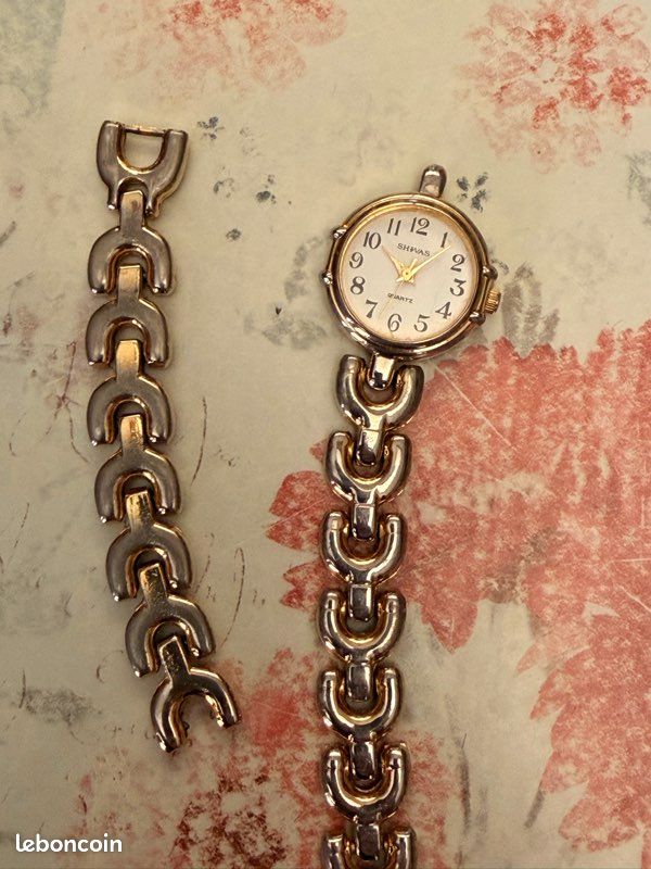 Montre vintage femme SHIVAS Quartz dorée - Cadran blanc - Maille fer à cheval - Ref A399 (image 2)